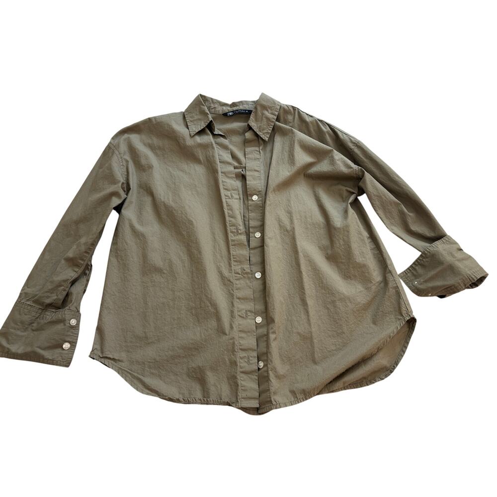 Zara women Green Cotton Long Sleeve Button Up Shirt Size XS